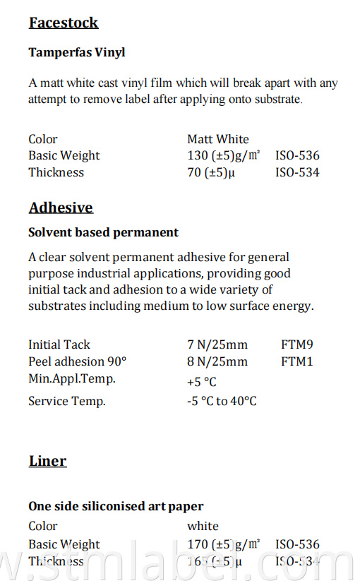 Tamperfas Vinyl Solvent Based Permanentart Paper